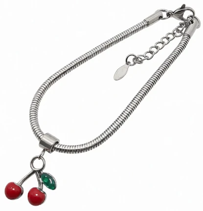 Pulsera de acero quirurgico con dije cereza 18cm + 4cm
